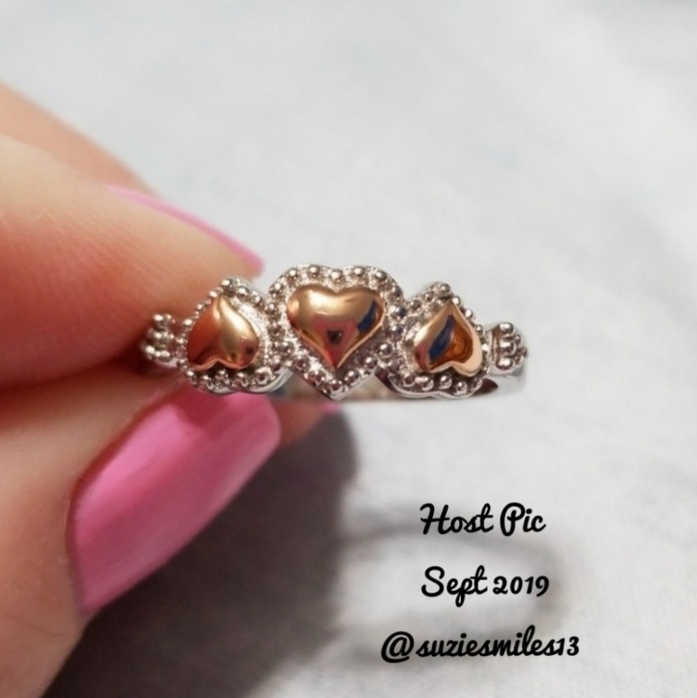 Sterling Silver And Rose Gold Triple Heart Ring